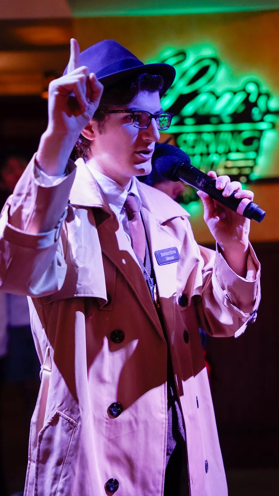 A Murder Mystery Company actor working the room at a Buffalo show